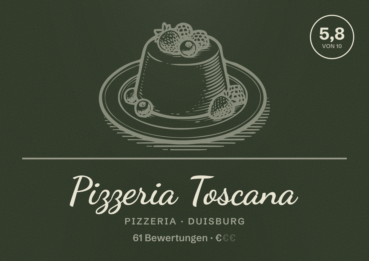 Illustriertes Poster von Pizzeria Toscana, Pizzeria in Duisburg: Bewertung 5,8 von 10 aus 61 Bewertungen, Preisniveau €