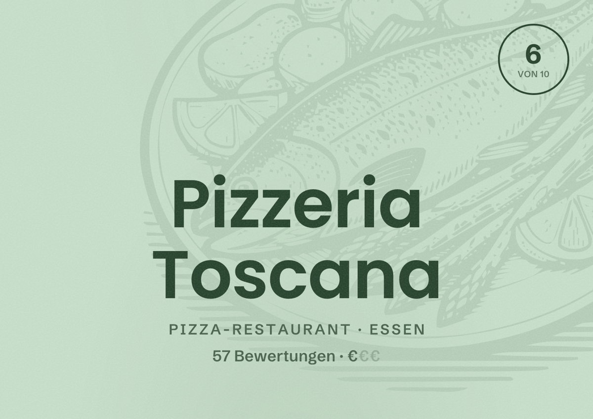 Illustriertes Poster von Pizzeria Toscana, Pizza-Restaurant in Essen: Bewertung 6 von 10 aus 57 Bewertungen, Preisniveau €