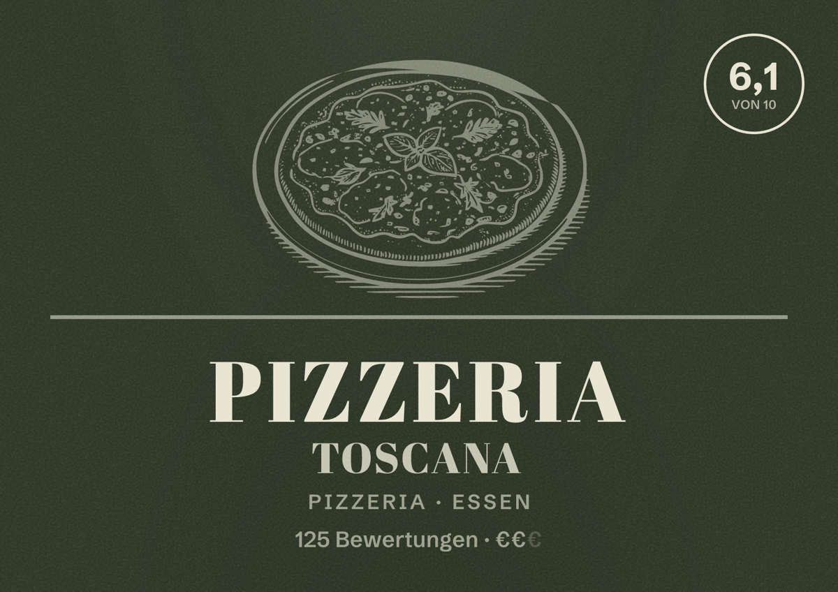 Illustriertes Poster von Pizzeria Toscana, Pizzeria in Essen: Bewertung 6,1 von 10 aus 125 Bewertungen, Preisniveau €€