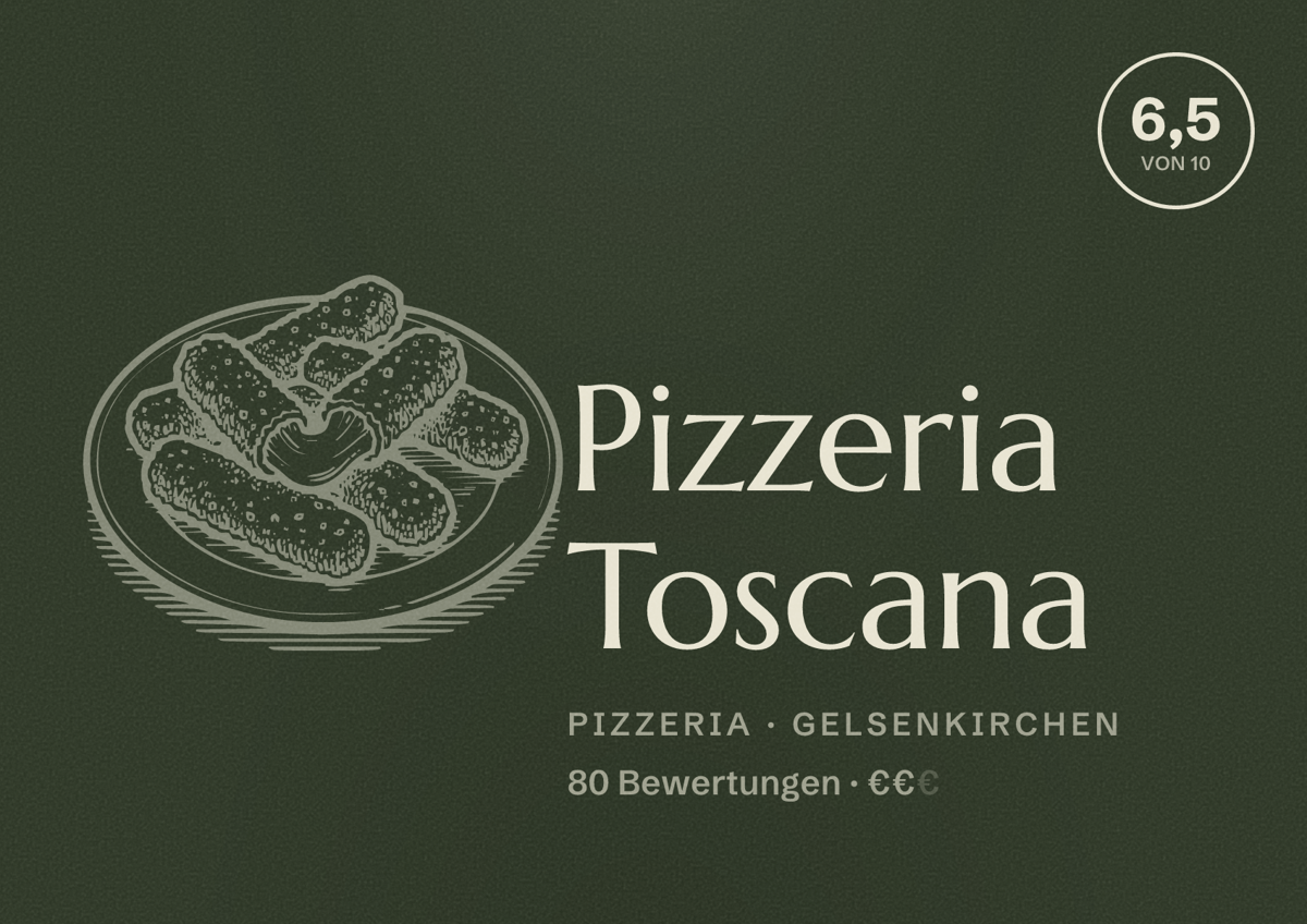 Illustriertes Poster von Pizzeria Toscana, Pizzeria in Gelsenkirchen: Bewertung 6,5 von 10 aus 80 Bewertungen, Preisniveau €€