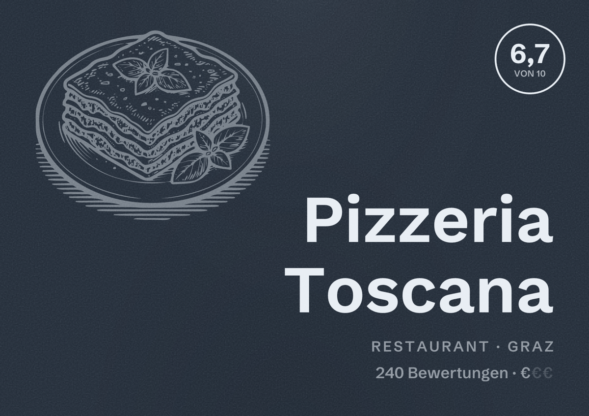 Illustriertes Poster von Pizzeria Toscana, Restaurant in Graz: Bewertung 6,7 von 10 aus 240 Bewertungen, Preisniveau €