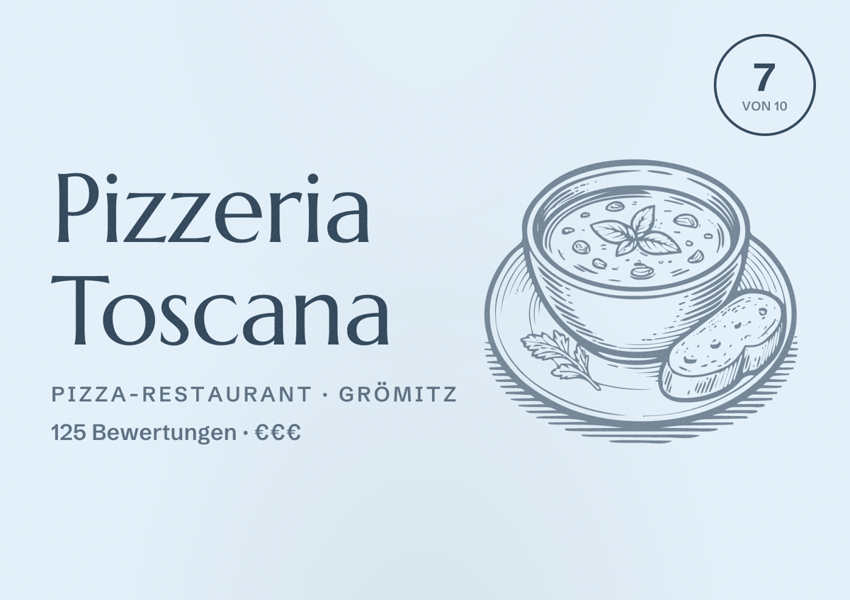 Illustriertes Poster von Pizzeria Toscana, Pizza-Restaurant in Grömitz: Bewertung 7 von 10 aus 125 Bewertungen, Preisniveau €€€