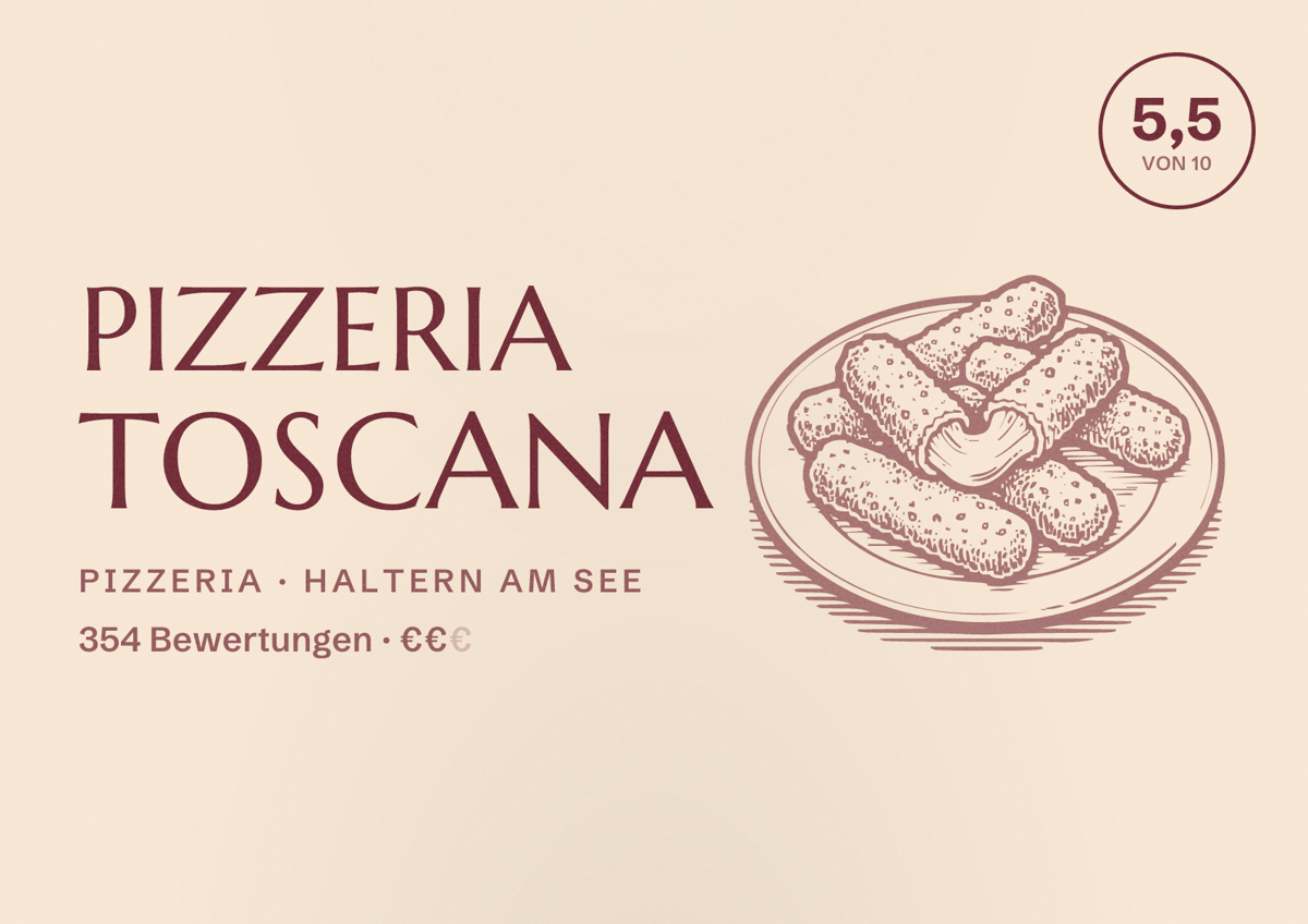 Illustriertes Poster von Pizzeria Toscana, Pizzeria in Haltern am See: Gästebewertung 5,5 von 10 aus 354 Bewertungen