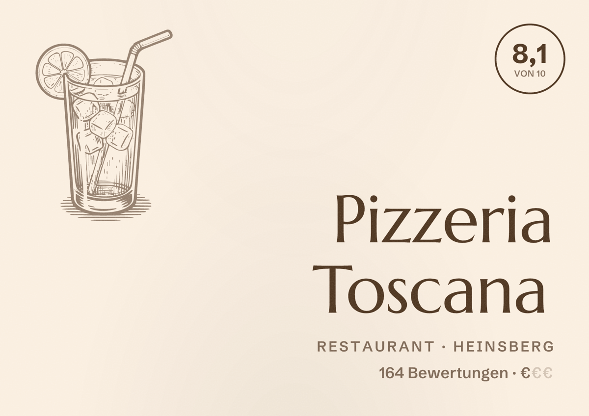 Illustriertes Poster von Pizzeria Toscana, Restaurant in Heinsberg: Bewertung 8,1 von 10 aus 164 Bewertungen, Preisniveau €