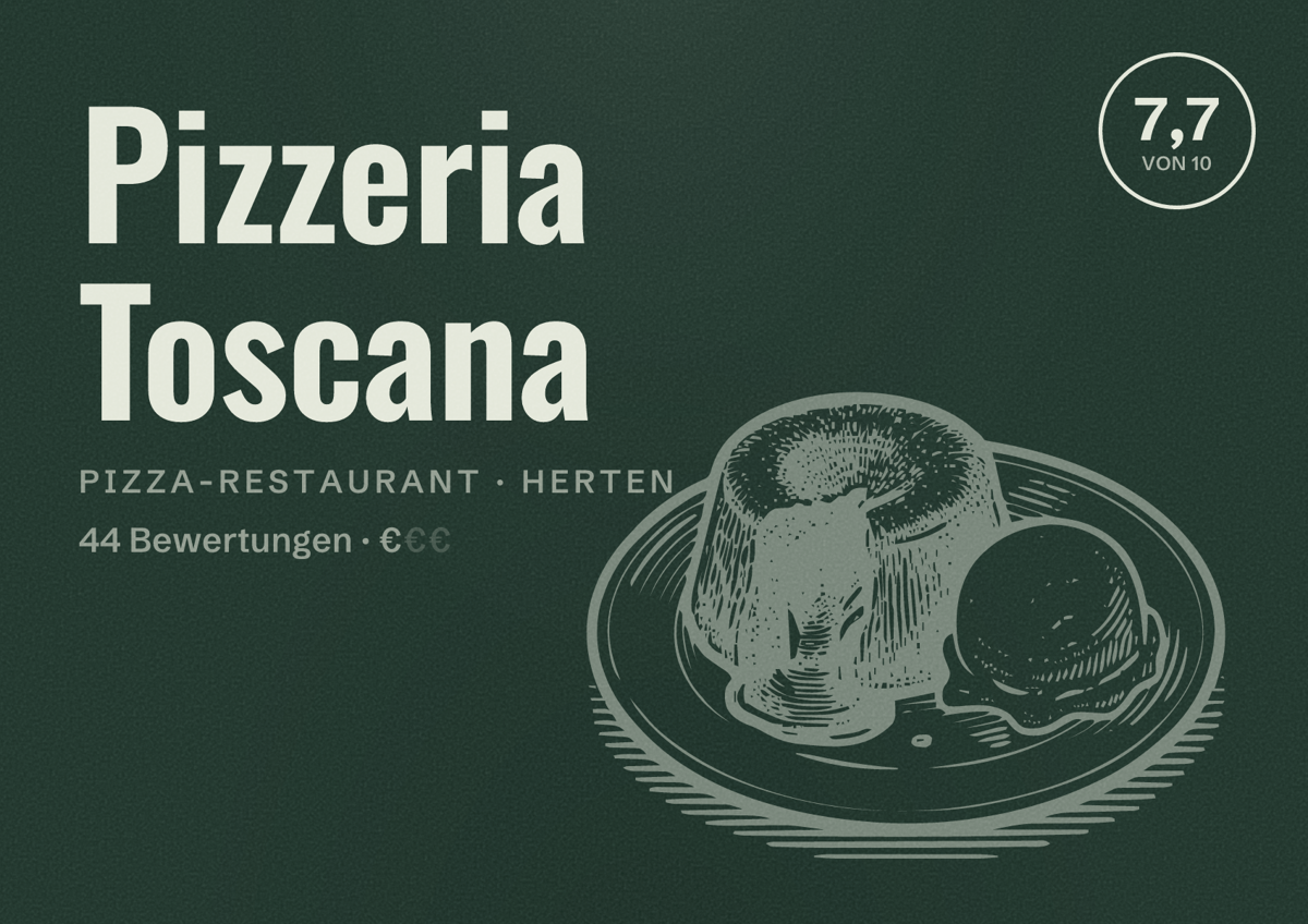 Illustriertes Poster von Pizzeria Toscana, Pizza-Restaurant in Herten: Bewertung 7,7 von 10 aus 44 Bewertungen, Preisniveau €