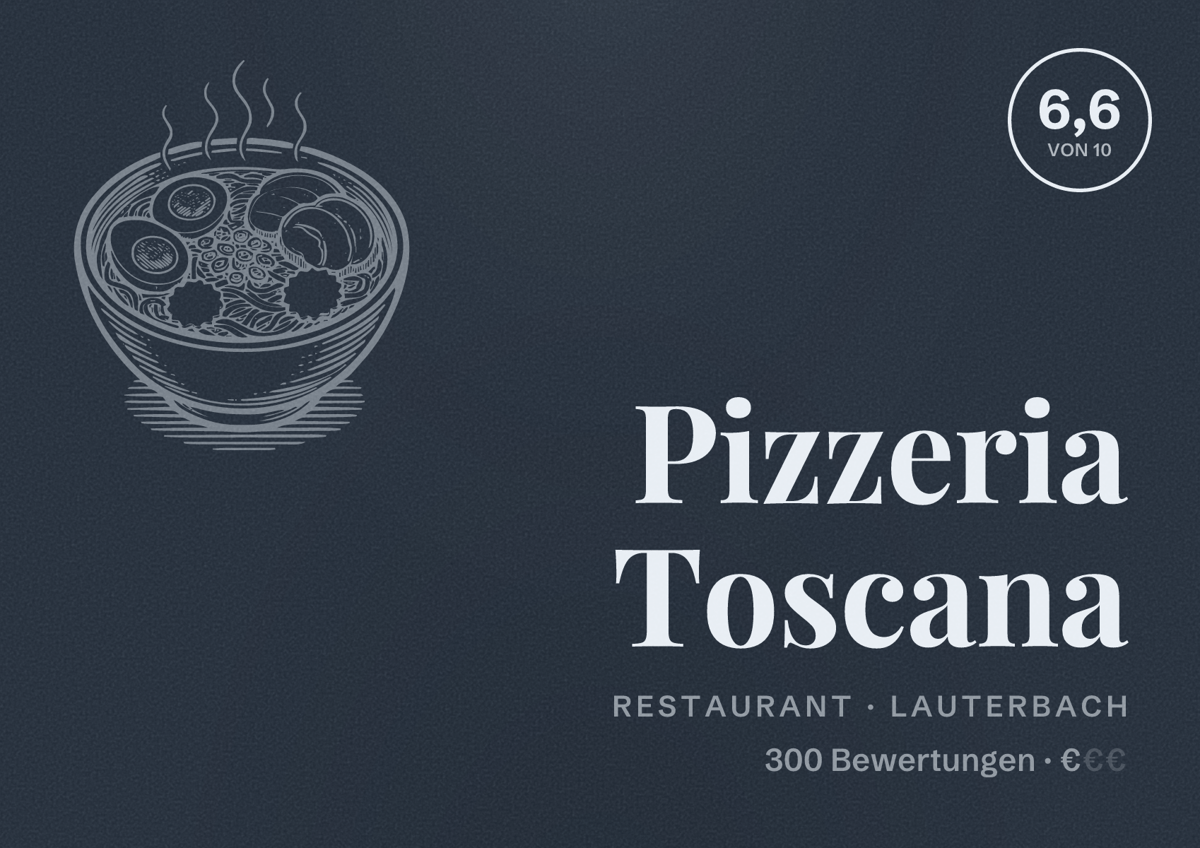 Illustriertes Poster von Pizzeria Toscana, Restaurant in Lauterbach: Bewertung 6,6 von 10 aus 300 Bewertungen, Preisniveau €