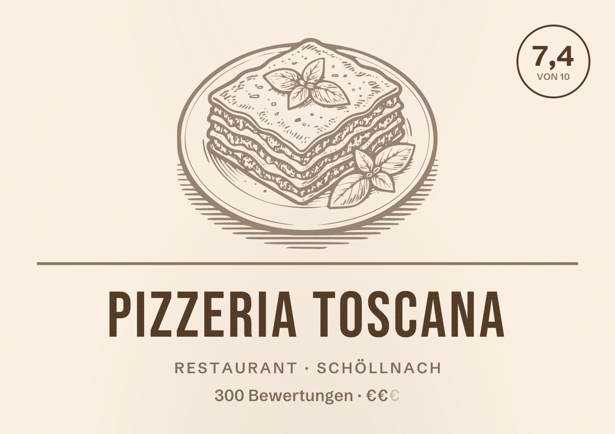 Illustriertes Poster von Pizzeria Toscana, Restaurant in Schöllnach: Bewertung 7,4 von 10 aus 300 Bewertungen, Preisniveau €€