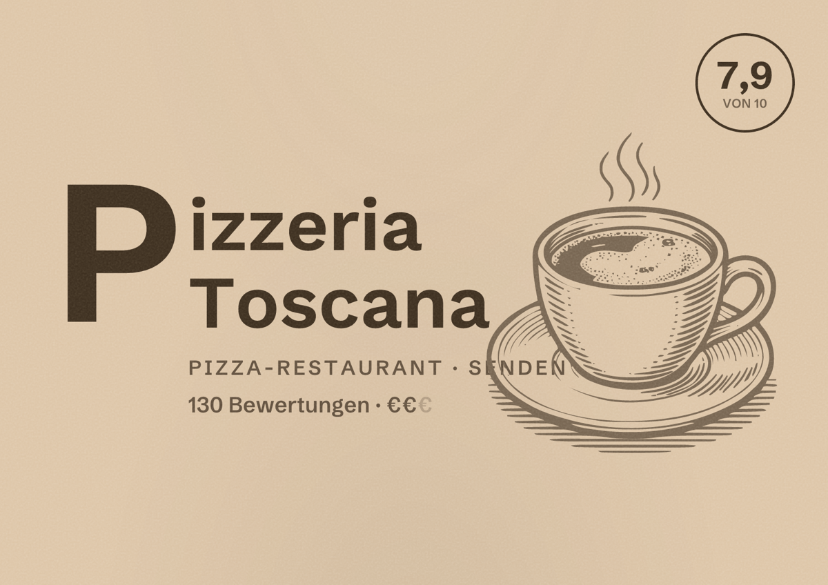 Illustriertes Poster von Pizzeria Toscana, Pizza-Restaurant in Senden: Bewertung 7,9 von 10 aus 130 Bewertungen, Preisniveau €€