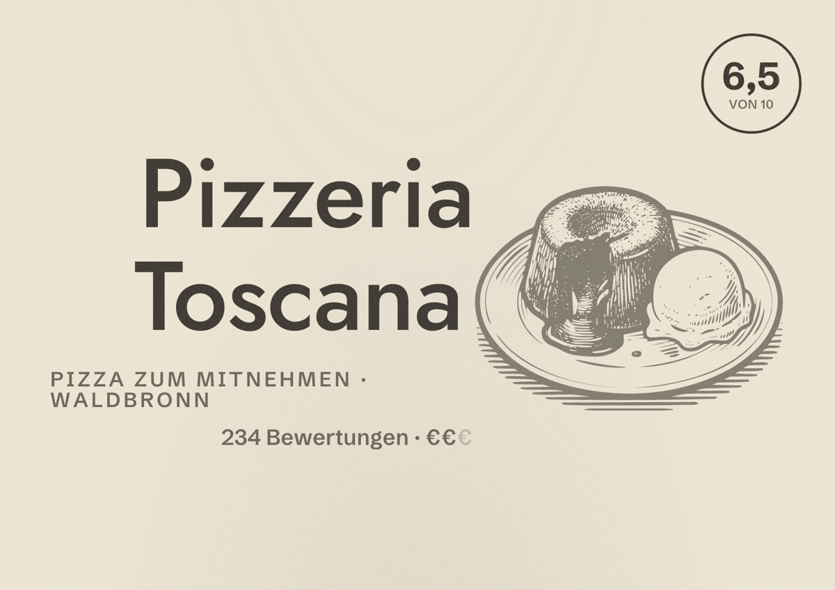 Illustriertes Poster von Pizzeria Toscana, Pizza zum Mitnehmen in Waldbronn: Bewertung 6,5 von 10 aus 234 Bewertungen, Preisniveau €€