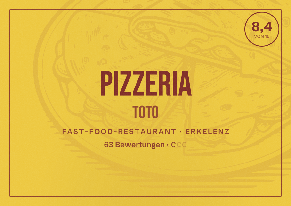 Illustriertes Poster von Pizzeria ToTo, Fast-Food-Restaurant in Erkelenz: Bewertung 8,4 von 10 aus 63 Bewertungen, Preisniveau €