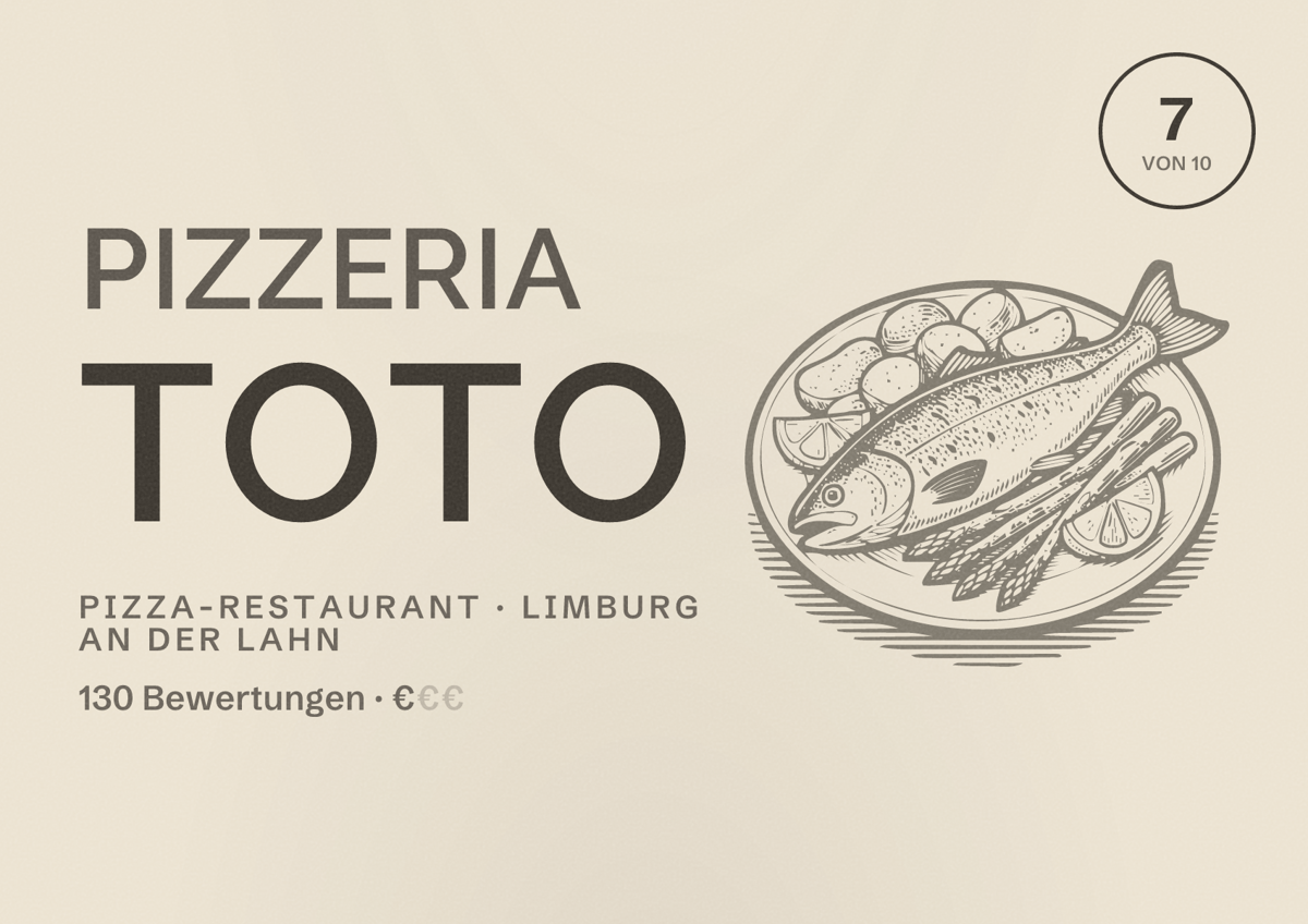 Illustriertes Poster von Pizzeria Toto, Pizza-Restaurant in Limburg an der Lahn: Bewertung 7 von 10 aus 130 Bewertungen, Preisniveau €