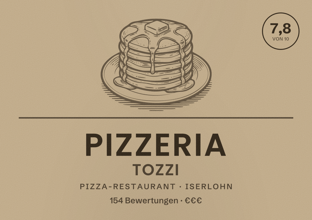 Illustriertes Poster von Pizzeria Tozzi, Pizza-Restaurant in Iserlohn: Bewertung 7,8 von 10 aus 154 Bewertungen, Preisniveau €€€