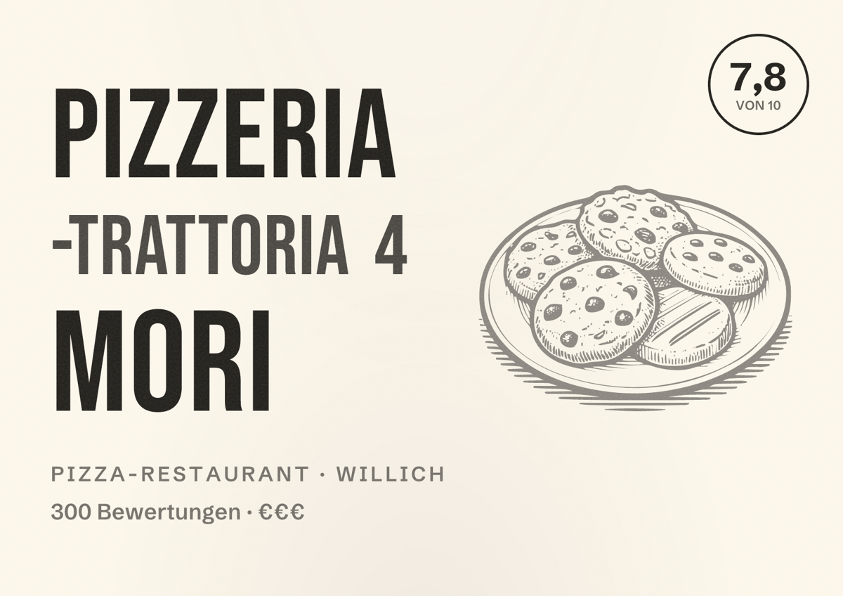 Illustriertes Poster von Pizzeria -Trattoria 4 mori, Pizza-Restaurant in Willich: Bewertung 7,8 von 10 aus 300 Bewertungen, Preisniveau €€€