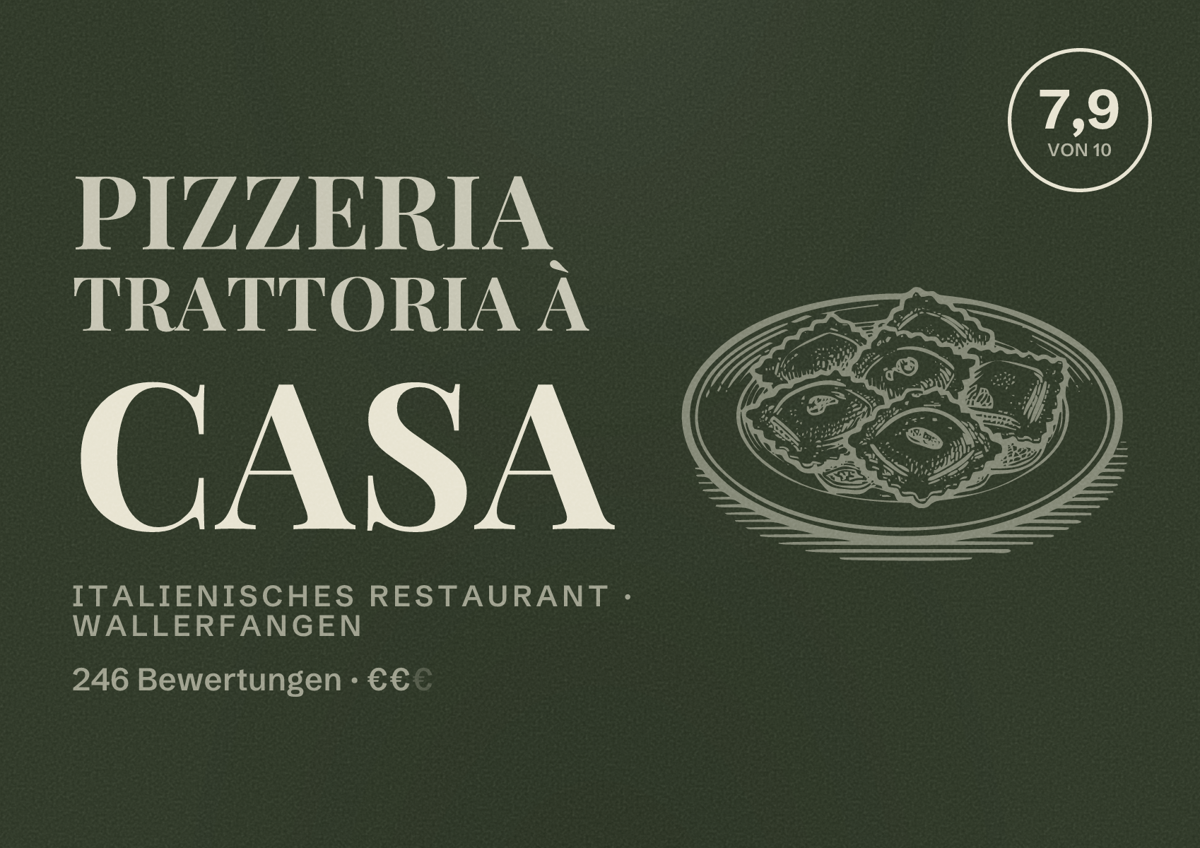 Illustriertes Poster von Pizzeria Trattoria À Casa, Italienisches Restaurant in Wallerfangen: Bewertung 7,9 von 10 aus 246 Bewertungen, Preisniveau €€