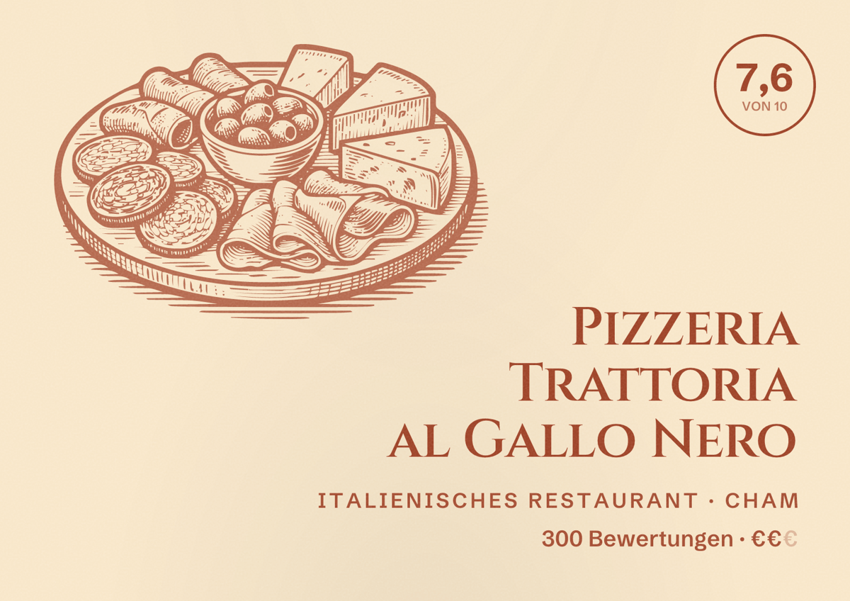 Illustriertes Poster von Pizzeria Trattoria al Gallo Nero, Italienisches Restaurant in Cham: Bewertung 7,6 von 10 aus 300 Bewertungen, Preisniveau €€