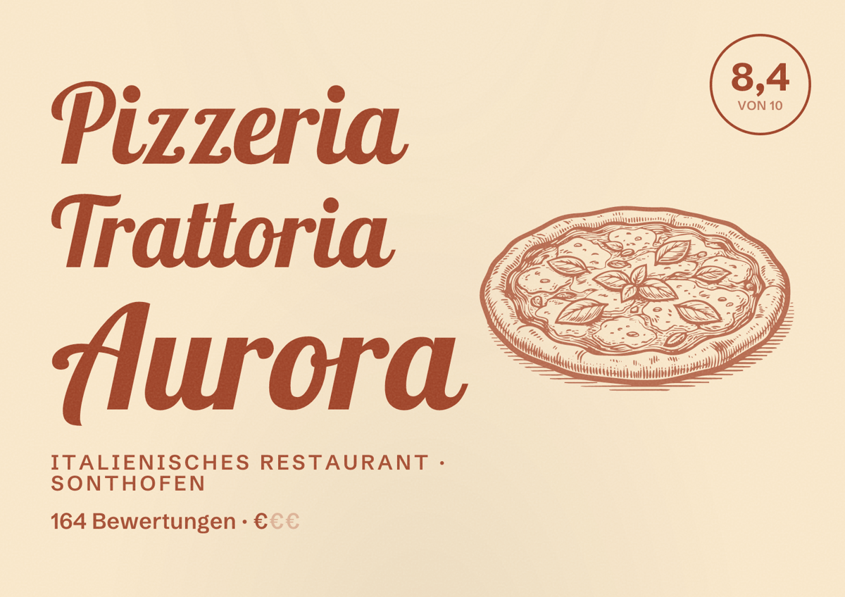 Illustriertes Poster von Pizzeria Trattoria Aurora, Italienisches Restaurant in Sonthofen: Bewertung 8,4 von 10 aus 164 Bewertungen, Preisniveau €
