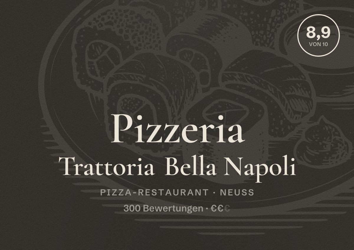 Illustriertes Poster von Pizzeria Trattoria Bella Napoli, Pizza-Restaurant in Neuss: Bewertung 8,9 von 10 aus 300 Bewertungen, Preisniveau €€