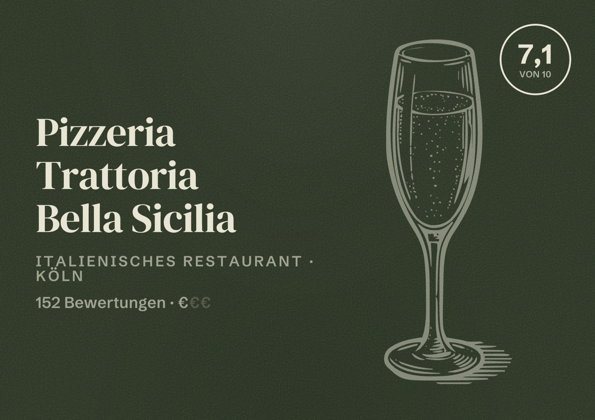 Illustriertes Poster von Pizzeria Trattoria Bella Sicilia, Italienisches Restaurant in Köln: Bewertung 7,1 von 10 aus 152 Bewertungen, Preisniveau €