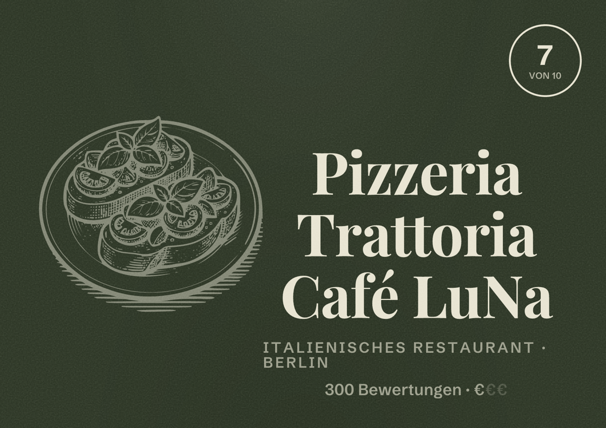 Illustriertes Poster von Pizzeria Trattoria Café LuNa, Italienisches Restaurant in Berlin: Bewertung 7 von 10 aus 300 Bewertungen, Preisniveau €