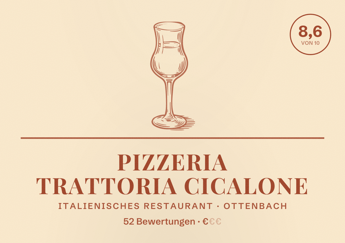 Illustriertes Poster von Pizzeria Trattoria Cicalone, Italienisches Restaurant in Ottenbach: Bewertung 8,6 von 10 aus 52 Bewertungen, Preisniveau €