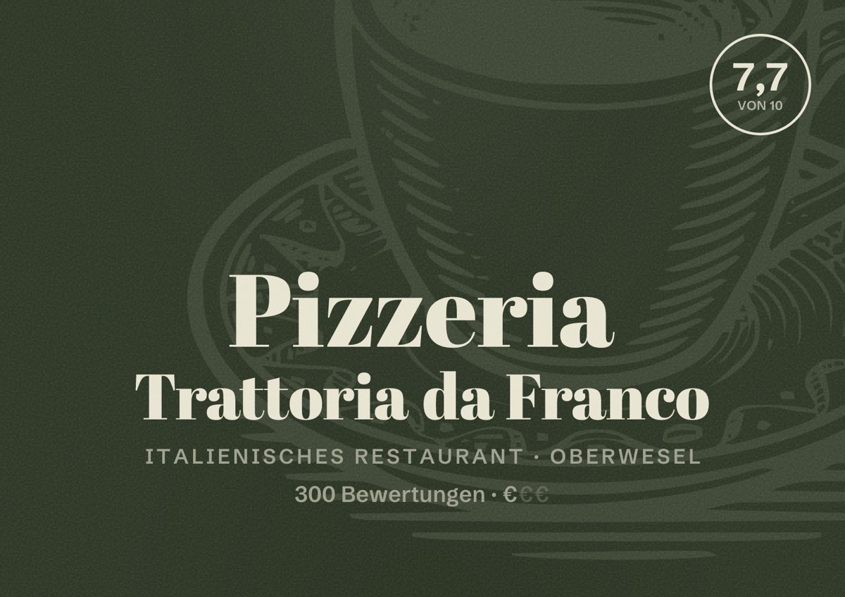 Illustriertes Poster von Pizzeria Trattoria da Franco, Italienisches Restaurant in Oberwesel: Bewertung 7,7 von 10 aus 300 Bewertungen, Preisniveau €