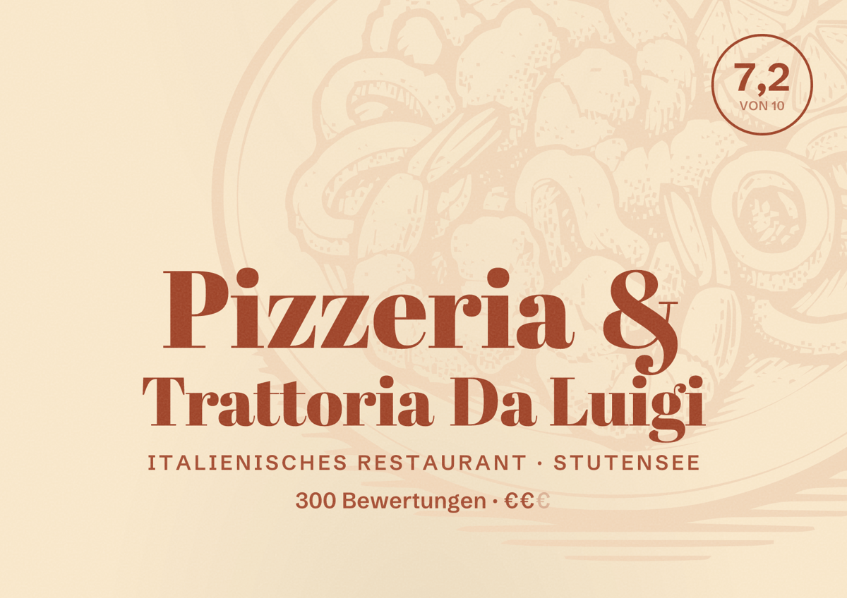 Illustriertes Poster von Pizzeria & Trattoria Da Luigi, Italienisches Restaurant in Stutensee: Bewertung 7,2 von 10 aus 300 Bewertungen, Preisniveau €€