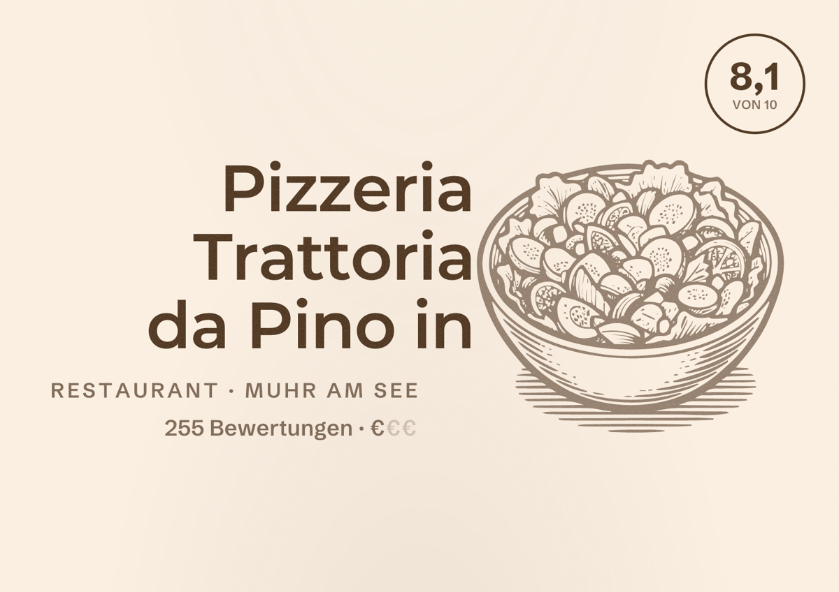 Illustriertes Poster von Pizzeria Trattoria da Pino in, Restaurant in Muhr am See: Bewertung 8,1 von 10 aus 255 Bewertungen, Preisniveau €