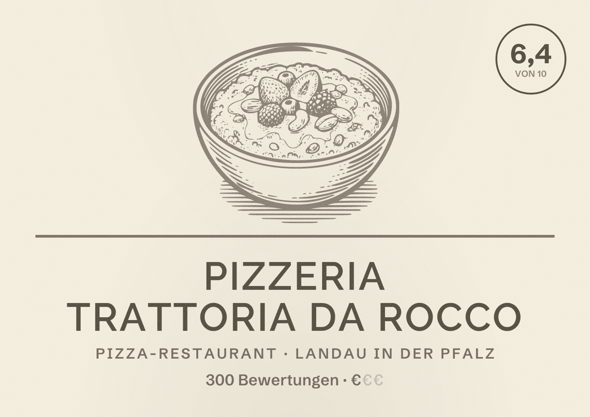 Illustriertes Poster von Pizzeria Trattoria Da Rocco, Pizza-Restaurant in Landau in der Pfalz: Bewertung 6,4 von 10 aus 300 Bewertungen, Preisniveau €