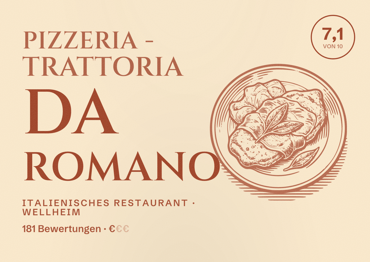Illustriertes Poster von Pizzeria - Trattoria Da Romano, Italienisches Restaurant in Wellheim: Bewertung 7,1 von 10 aus 181 Bewertungen, Preisniveau €