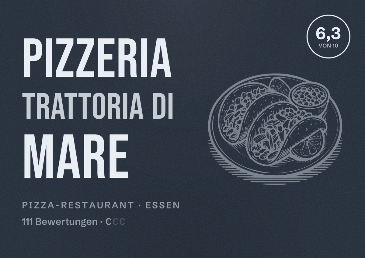 Illustriertes Poster von Pizzeria Trattoria Di Mare, Pizza-Restaurant in Essen: Bewertung 6,3 von 10 aus 111 Bewertungen, Preisniveau €