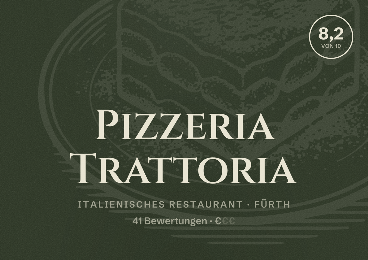 Illustriertes Poster von Pizzeria Trattoria, Italienisches Restaurant in Fürth: Bewertung 8,2 von 10 aus 41 Bewertungen, Preisniveau €