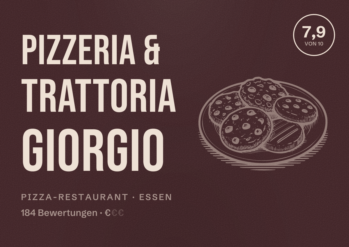 Illustriertes Poster von Pizzeria & Trattoria Giorgio, Pizza-Restaurant in Essen: Bewertung 7,9 von 10 aus 184 Bewertungen, Preisniveau €