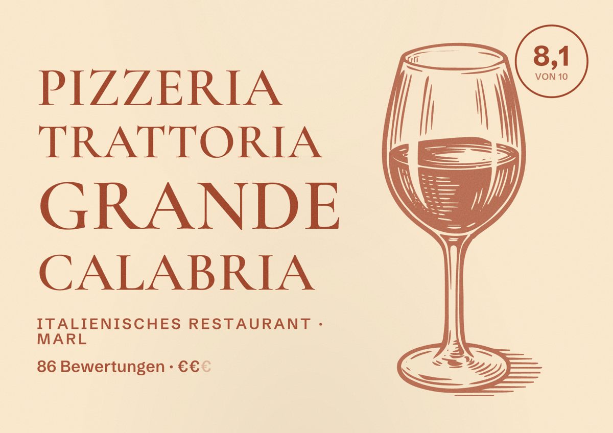 Illustriertes Poster von Pizzeria Trattoria Grande Calabria, Italienisches Restaurant in Marl: Bewertung 8,1 von 10 aus 86 Bewertungen, Preisniveau €€