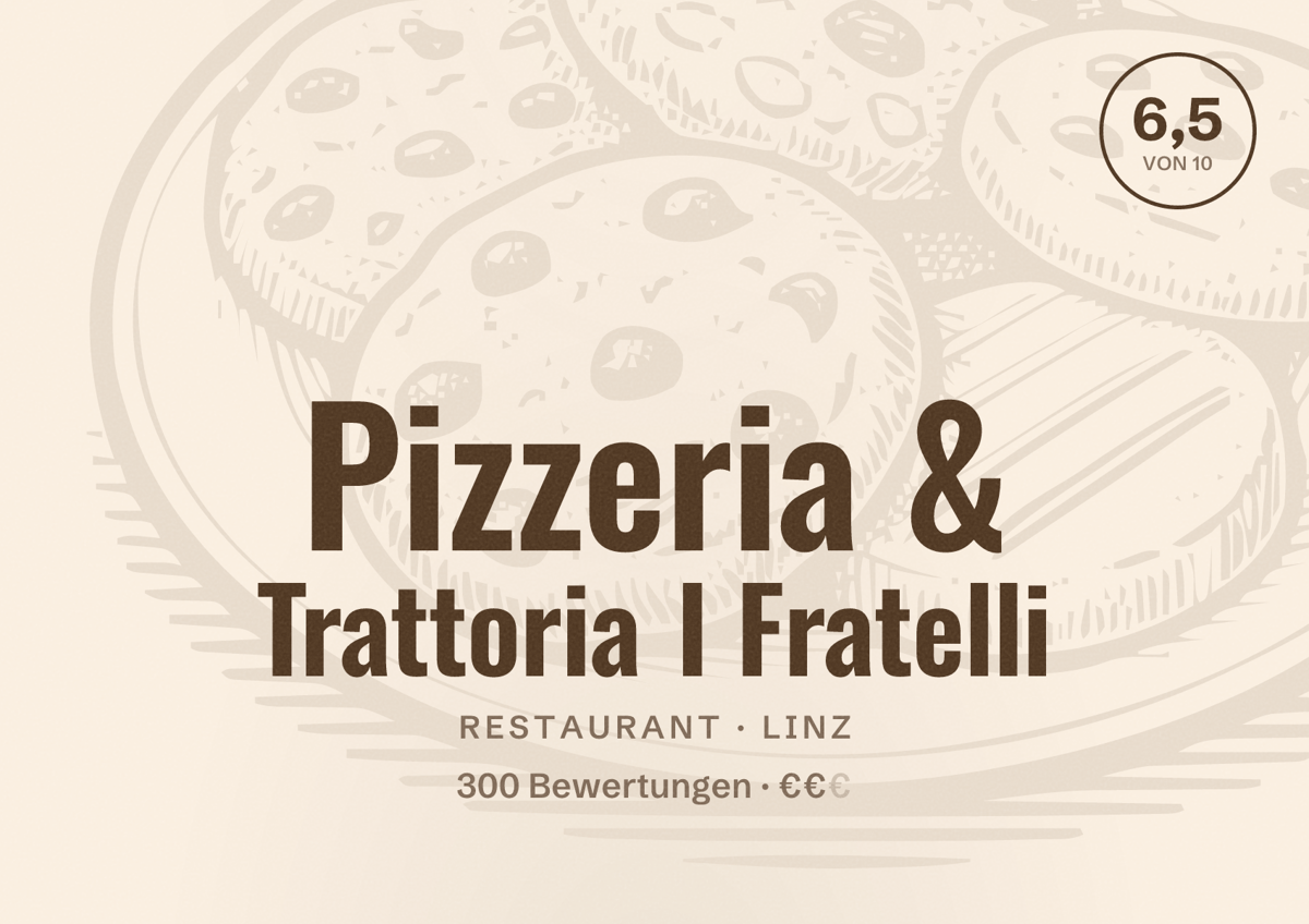 Illustriertes Poster von Pizzeria & Trattoria I Fratelli, Restaurant in Linz: Bewertung 6,5 von 10 aus 300 Bewertungen, Preisniveau €€