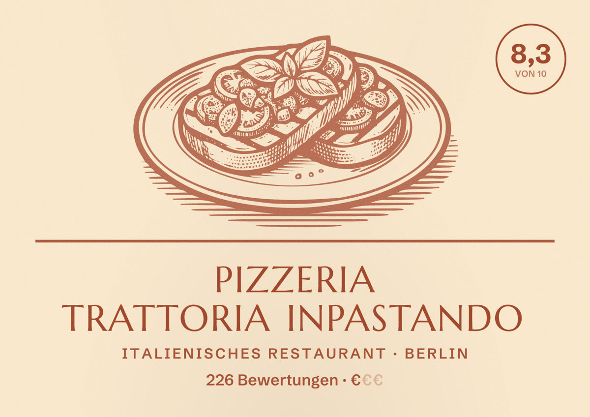 Illustriertes Poster von Pizzeria Trattoria Inpastando, Italienisches Restaurant in Berlin: Bewertung 8,3 von 10 aus 226 Bewertungen, Preisniveau €