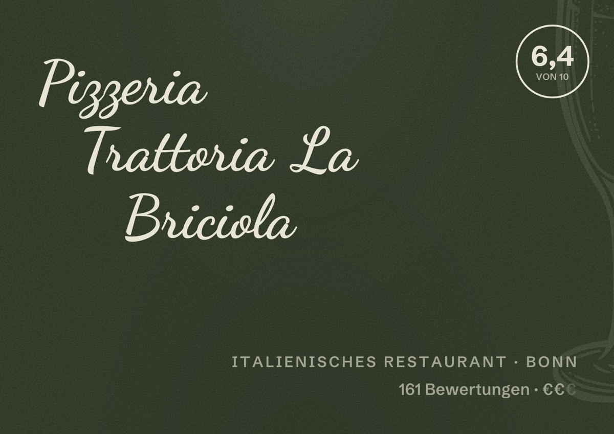 Illustriertes Poster von Pizzeria Trattoria La Briciola, Italienisches Restaurant in Bonn: Bewertung 6,4 von 10 aus 161 Bewertungen, Preisniveau €€