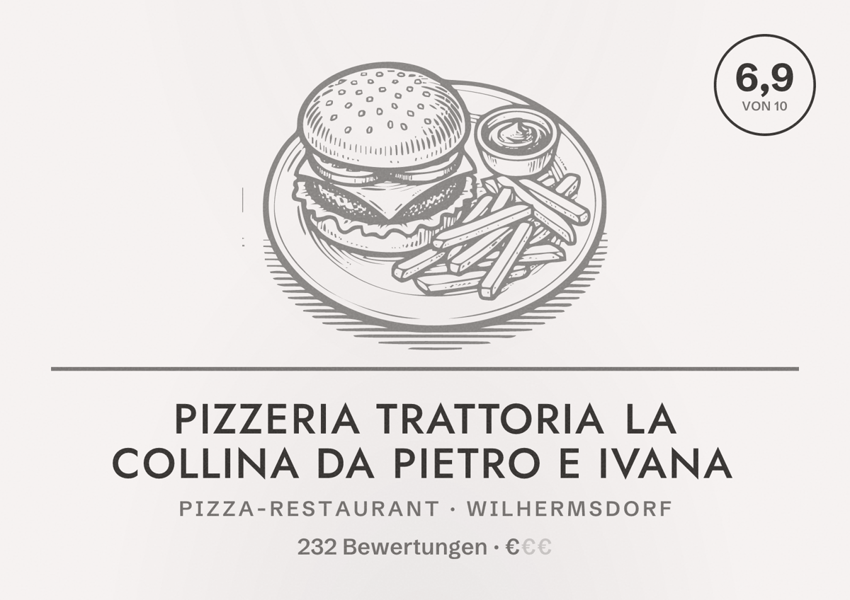 Illustriertes Poster von Pizzeria trattoria La Collina da pietro e Ivana, Pizza-Restaurant in Wilhermsdorf: Bewertung 6,9 von 10 aus 232 Bewertungen, Preisniveau €