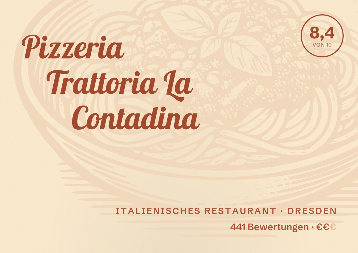 Illustriertes Poster von Pizzeria Trattoria La Contadina, Italienisches Restaurant in Dresden: Bewertung 8,4 von 10 aus 441 Bewertungen, Preisniveau €€