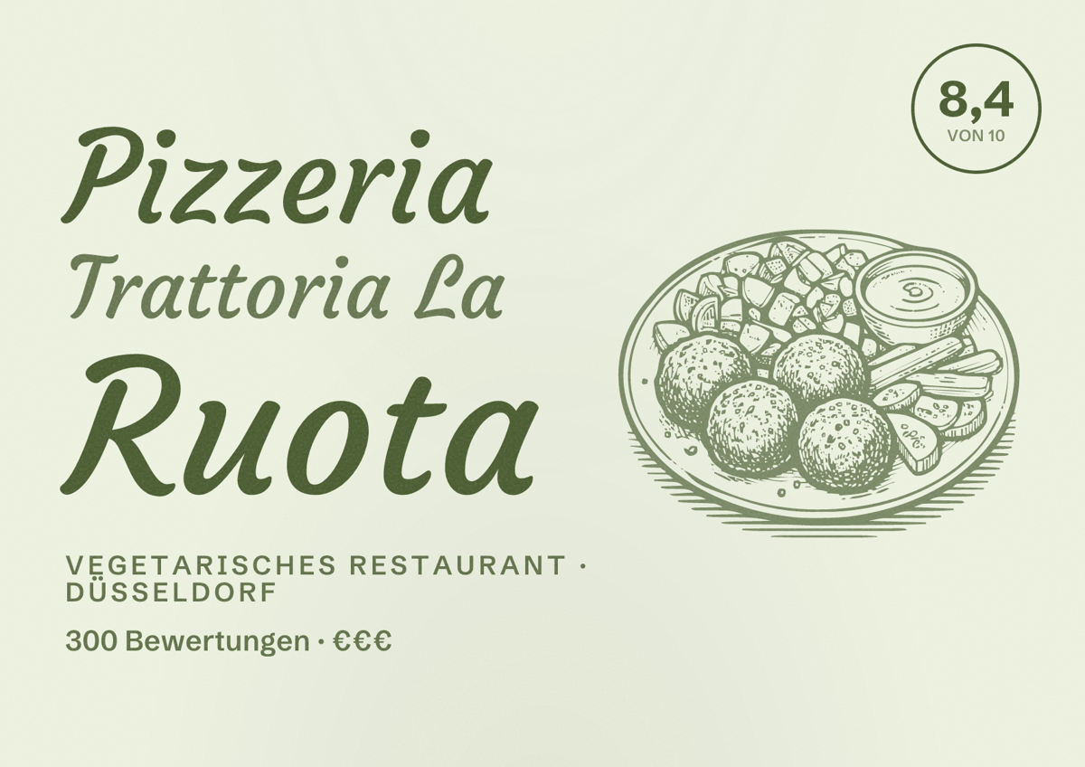 Illustriertes Poster von Pizzeria Trattoria La Ruota, Vegetarisches Restaurant in Düsseldorf: Bewertung 8,4 von 10 aus 300 Bewertungen, Preisniveau €€€