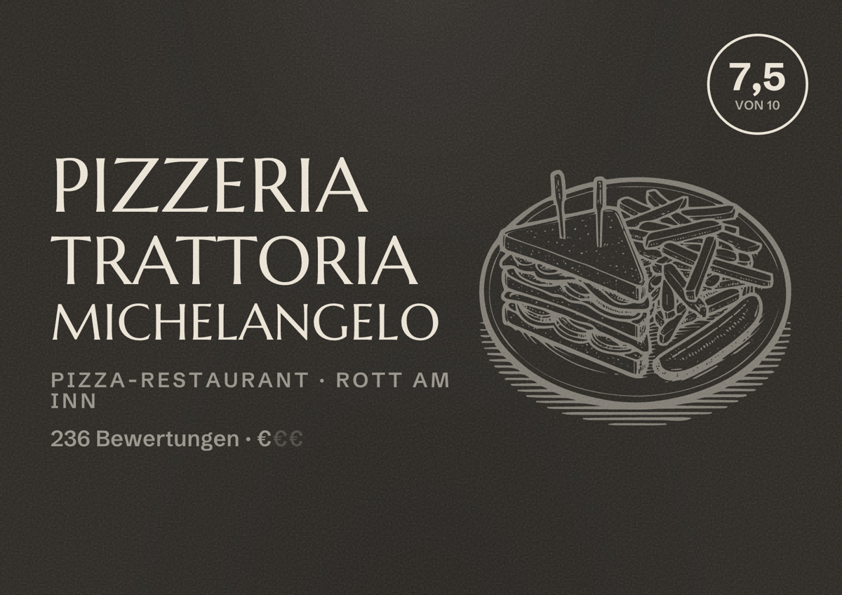 Illustriertes Poster von Pizzeria Trattoria Michelangelo, Pizza-Restaurant in Rott am Inn: Bewertung 7,5 von 10 aus 236 Bewertungen, Preisniveau €