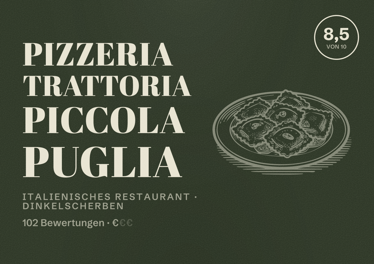 Illustriertes Poster von Pizzeria Trattoria Piccola Puglia, Italienisches Restaurant in Dinkelscherben: Bewertung 8,5 von 10 aus 102 Bewertungen, Preisniveau €