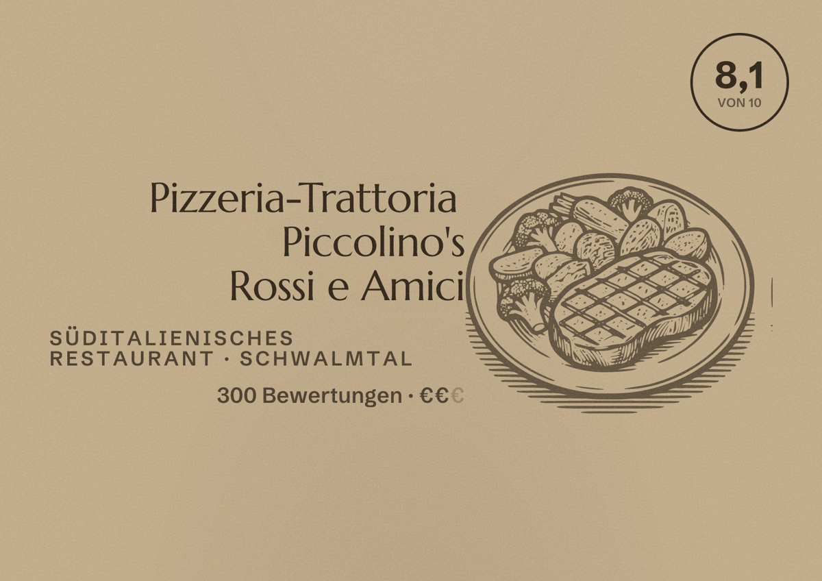 Illustriertes Poster von Pizzeria-Trattoria Piccolino's Rossi e Amici, Süditalienisches Restaurant in Schwalmtal: Bewertung 8,1 von 10 aus 300 Bewertungen, Preisniveau €€