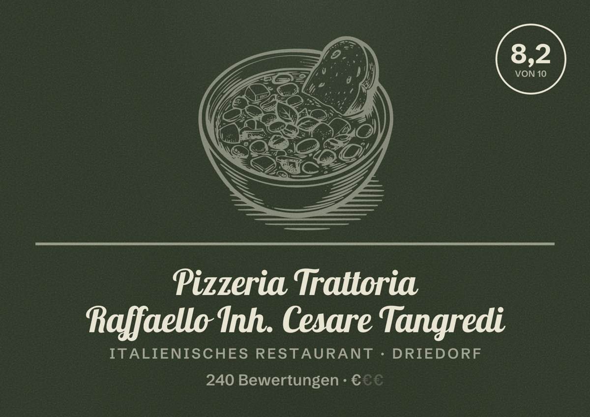 Illustriertes Poster von Pizzeria Trattoria Raffaello Inh. Cesare Tangredi, Italienisches Restaurant in Driedorf: Bewertung 8,2 von 10 aus 240 Bewertungen, Preisniveau €