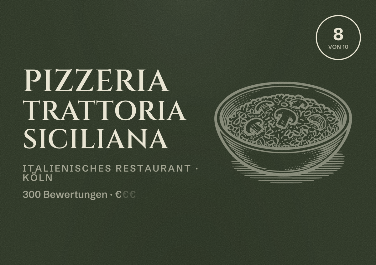 Illustriertes Poster von Pizzeria Trattoria Siciliana, Italienisches Restaurant in Köln: Bewertung 8 von 10 aus 300 Bewertungen, Preisniveau €