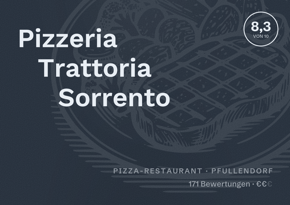 Illustriertes Poster von Pizzeria Trattoria Sorrento, Pizza-Restaurant in Pfullendorf: Bewertung 8,3 von 10 aus 171 Bewertungen, Preisniveau €€