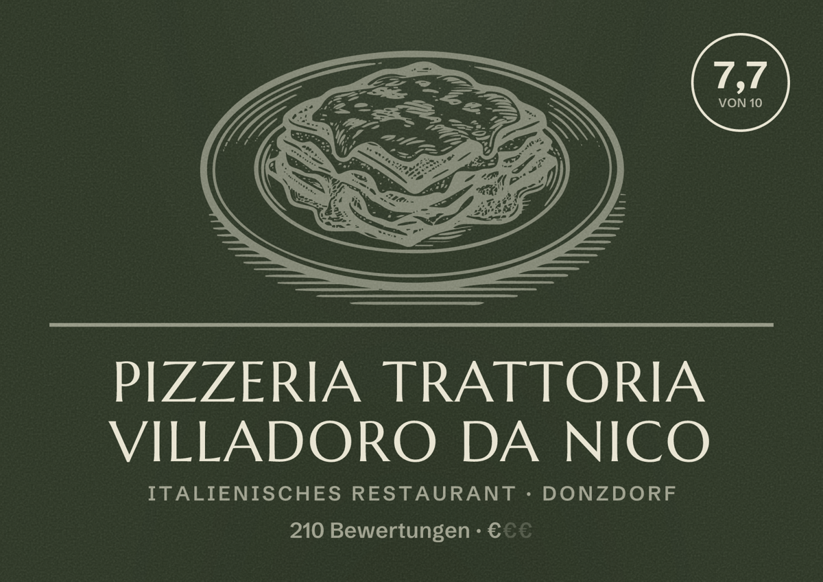 Illustriertes Poster von Pizzeria Trattoria Villadoro da Nico, Italienisches Restaurant in Donzdorf: Bewertung 7,7 von 10 aus 210 Bewertungen, Preisniveau €