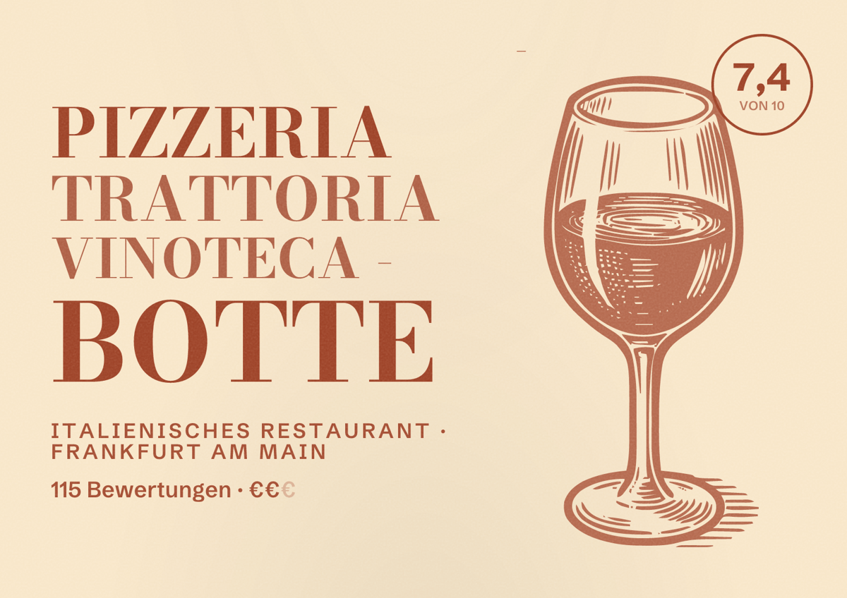 Illustriertes Poster von Pizzeria Trattoria Vinoteca - BOTTE, Italienisches Restaurant in Frankfurt am Main: Bewertung 7,4 von 10 aus 115 Bewertungen, Preisniveau €€