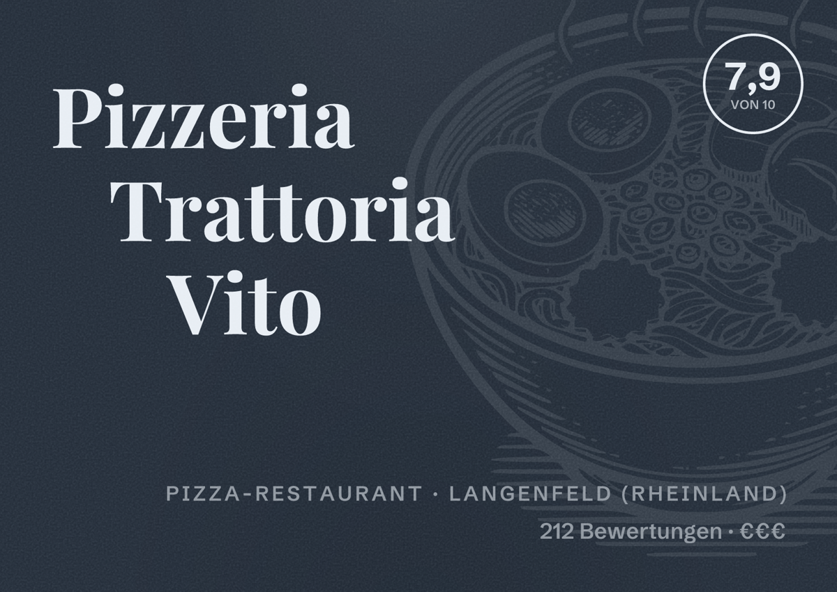 Illustriertes Poster von Pizzeria Trattoria Vito, Pizza-Restaurant in Langenfeld (Rheinland): Bewertung 7,9 von 10 aus 212 Bewertungen, Preisniveau €€€