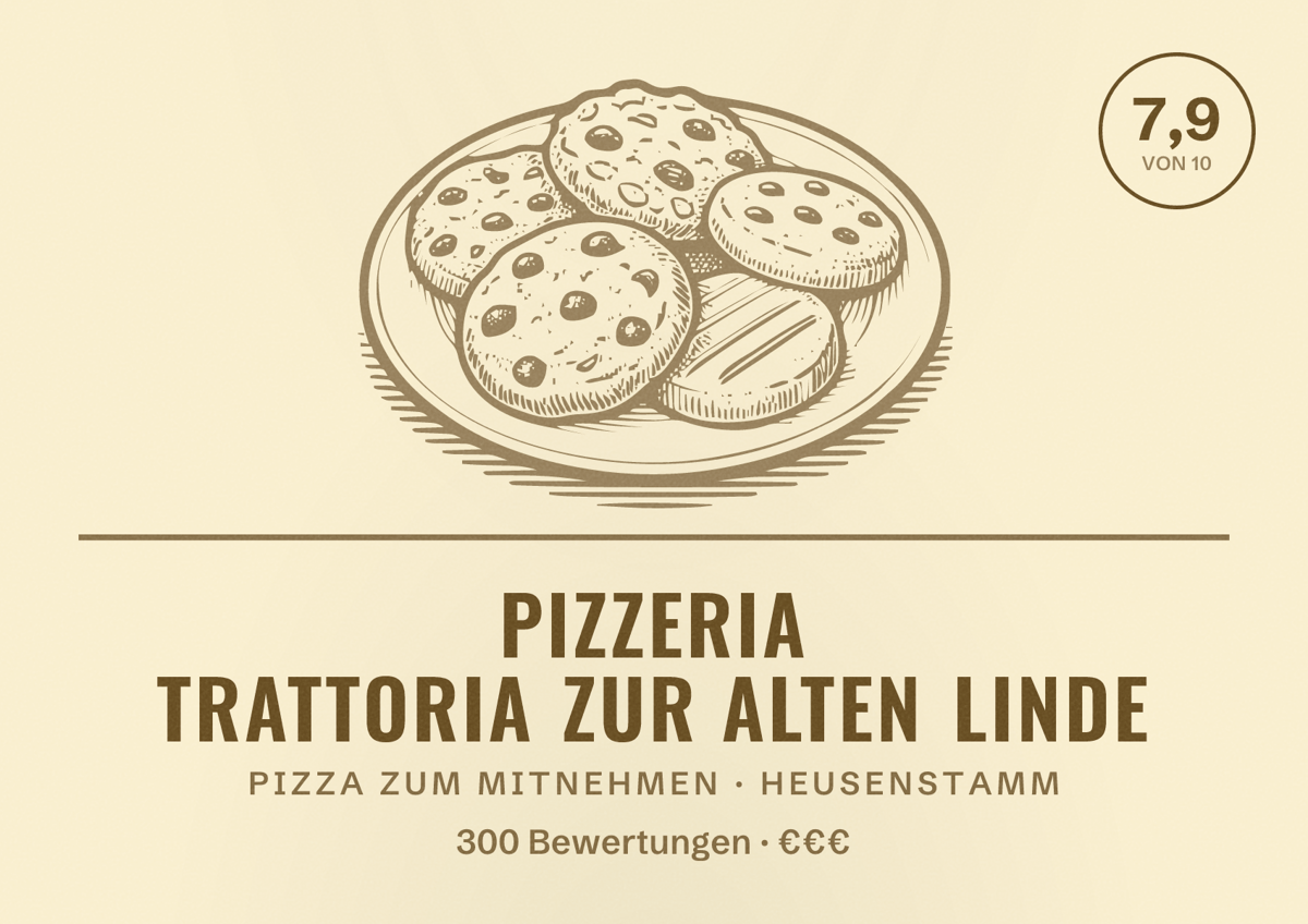 Illustriertes Poster von Pizzeria Trattoria Zur Alten Linde, Pizza zum Mitnehmen in Heusenstamm: Bewertung 7,9 von 10 aus 300 Bewertungen, Preisniveau €€€