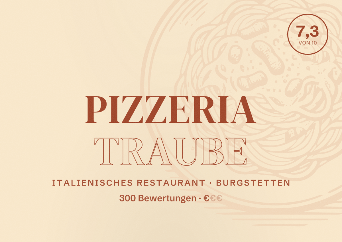 Illustriertes Poster von Pizzeria Traube, Italienisches Restaurant in Burgstetten: Bewertung 7,3 von 10 aus 300 Bewertungen, Preisniveau €